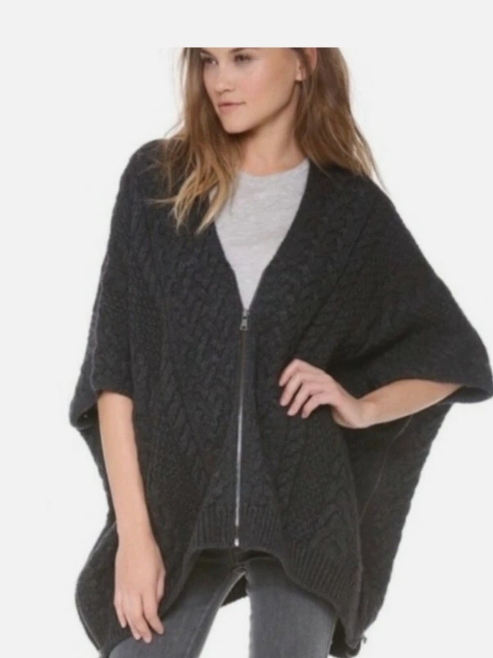 VINCE Zip Front Yak Wool Cable Knit Poncho Sweater Dark Slate Oversized 